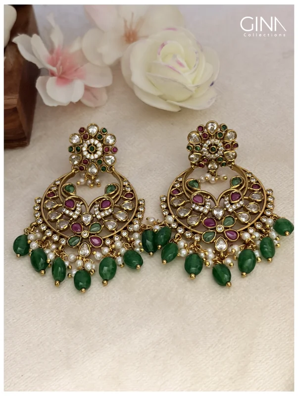 Floral Chandbali with Emerald Drops