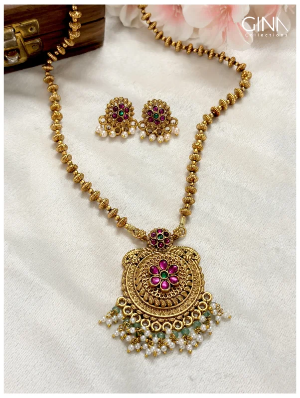 Golden Beads Mala with Floral Pendant and Pearl Drops Alternative View