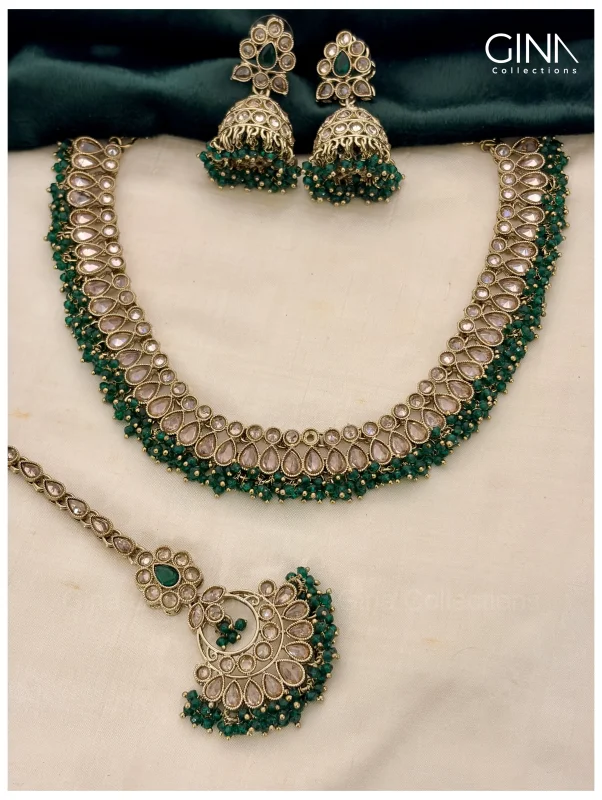 Kundan Stones Emerald Necklace with Maang Tikka