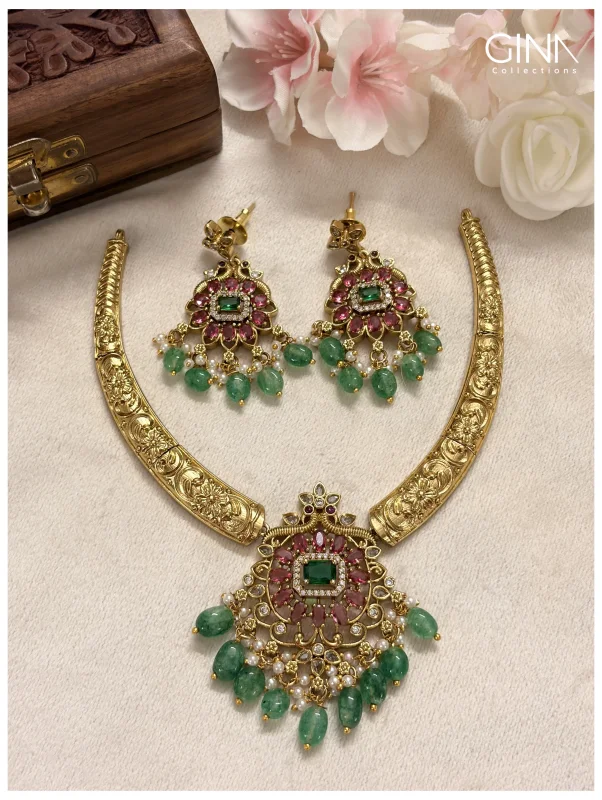 Premium Gold Plated Kanti with Emerald-Pearl Drops and Ruby Stones