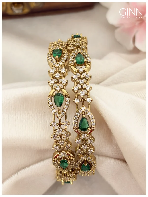 Premium Gold Plated AD Tear Drop Emerald Bangles Alternative View