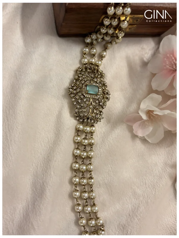 Three Layers Pearl Choker with Square Sea Green Stone Alternative View