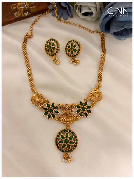 Lakshmi Motif with Floral Emerald Pendant Necklace