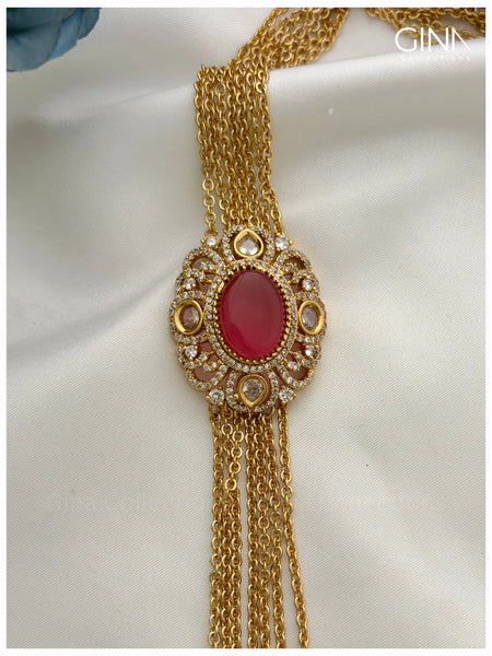 7 Lines Chandraharam with Floral Ruby Pendant