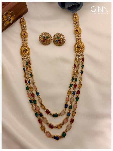 Navarathna Rectangle stone necklace with studs
