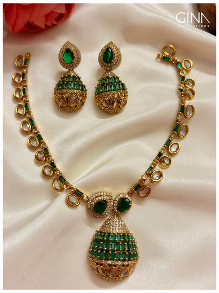 Dazzling Emerald Statement Necklace with AD Stones