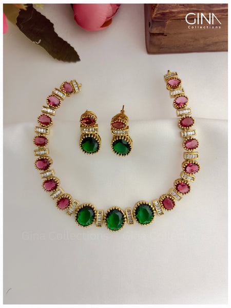 Dazzling Emerald and Ruby Stones Necklace with Earrings