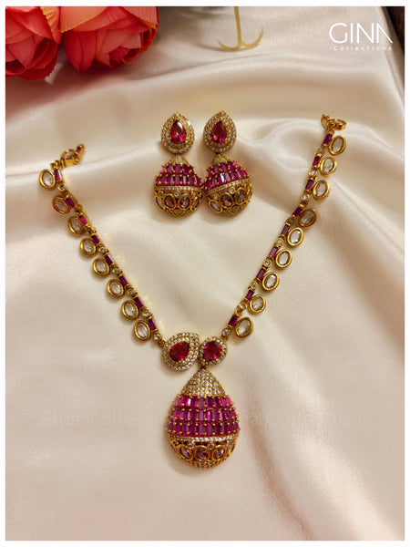 Dazzling Ruby-Pink Statement Necklace with AD Stones
