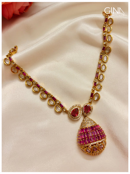 Dazzling Ruby-Pink Statement Necklace with AD Stones Alternative View
