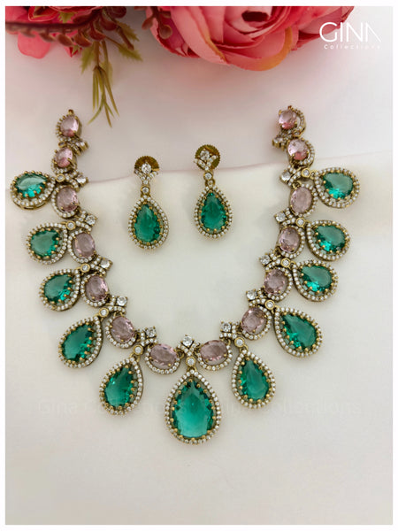Elegant Diamond Rain Drop-Aqua Green with Pastel Pink AD Stones-Necklace with Earrings