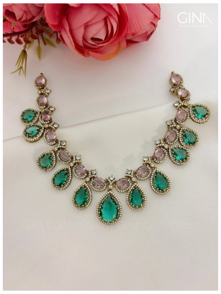 Elegant Diamond Rain Drop-Aqua Green with Pastel Pink AD Stones-Necklace with Earrings Alternative View