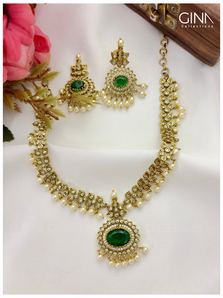 Emerald AD Stone Pearl Drop Necklace