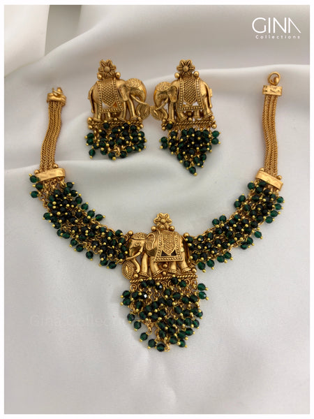 Emerald Beads Elephant Necklace with Earrings