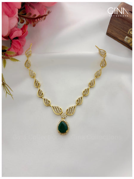 Emerald Pendant and CZ Stones Petal Necklace with Earrings Alternative View