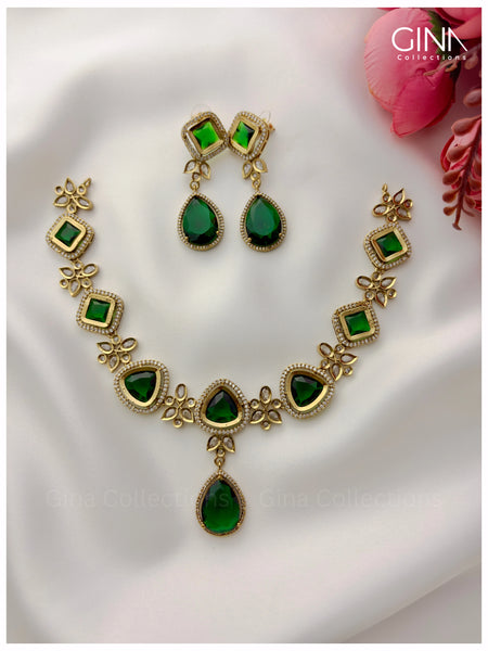 Emerald Reverse Kundan AD Necklace Set with Earrings