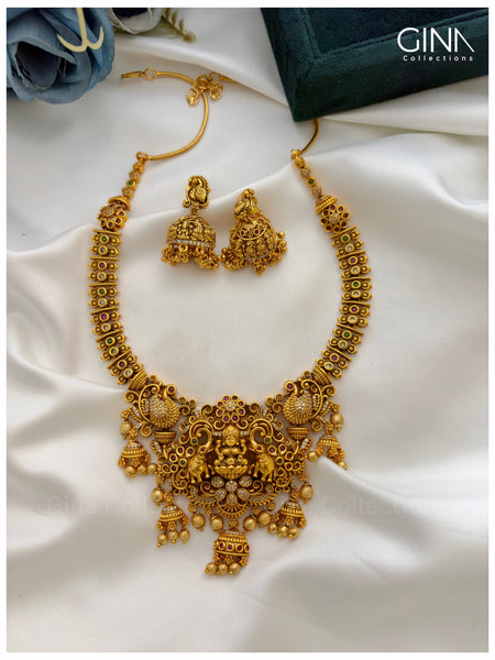 Gajalakshmi and Annam Motifs with Gold Drops Necklace with Earrings