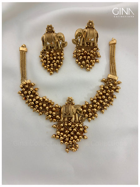 Gold Beads Elephant Necklace with Earrings