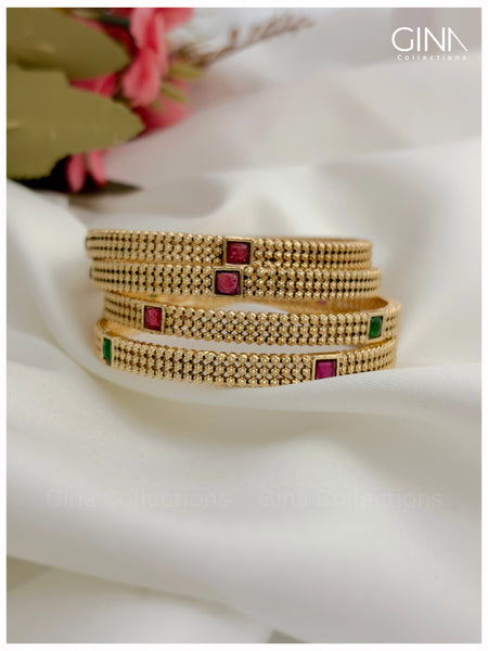 Gold Plated Elegant Square Ruby and Emerald  Stone Bangles