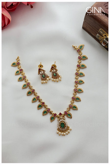 Gold Plated Emerald and Ruby Palakka Kerala Necklace