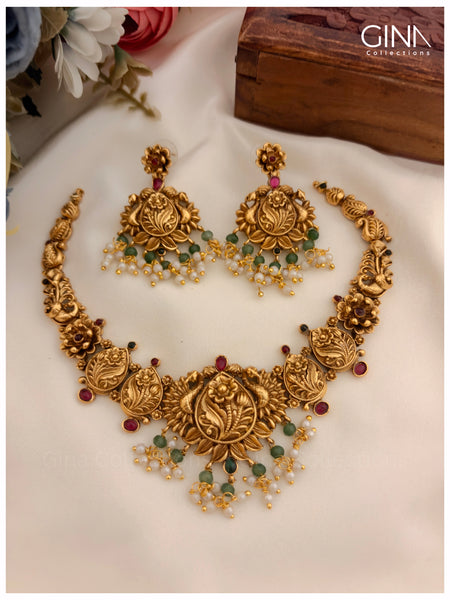 Gold Plated Floral Mayuri Necklace with Earrings