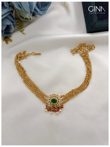 Gold Plated Three Layered Emerald Stone with Ruby Drops Choker