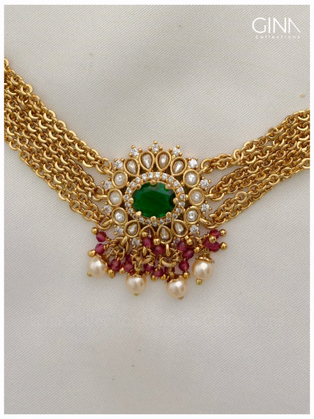 Gold Plated Three Layered Emerald Stone with Ruby Drops Choker Alternative View