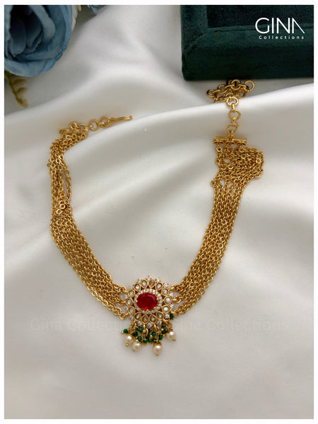 Gold Plated Three Layered Ruby Stone with Emerald Drops Choker