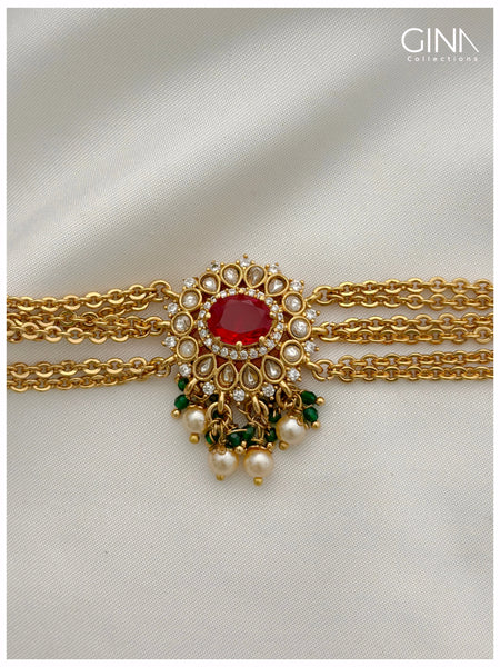 Gold Plated Three Layered Ruby Stone with Emerald Drops Choker Alternative View