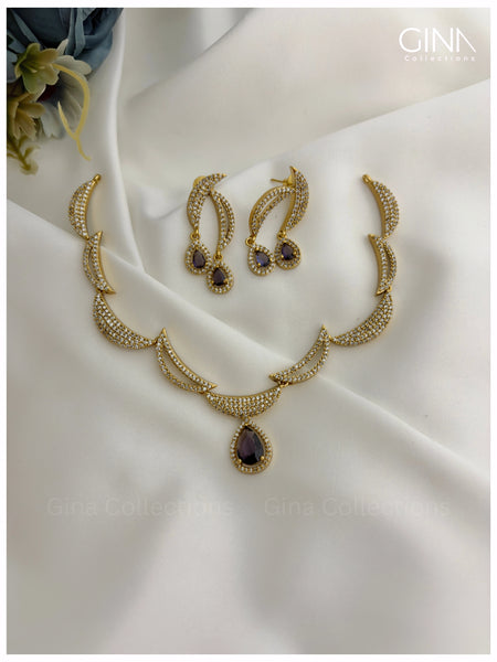Half Moon AD Stones Drops Necklace - Purple