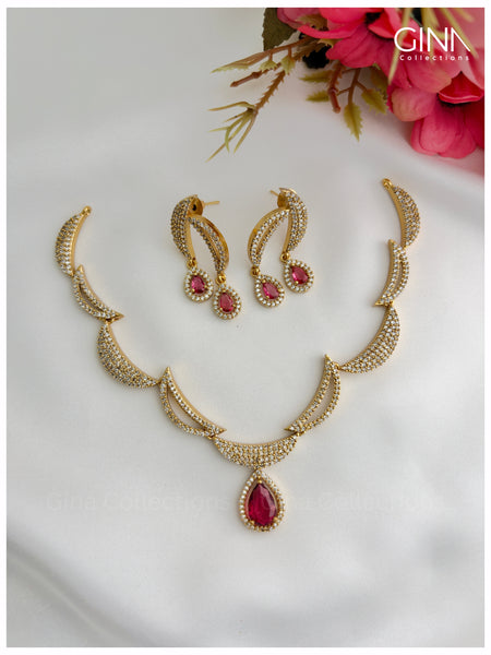 Half Moon AD Stones Drops Necklace - Ruby