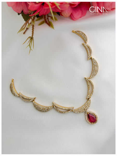Half Moon AD Stones Drops Necklace - Ruby Alternative View
