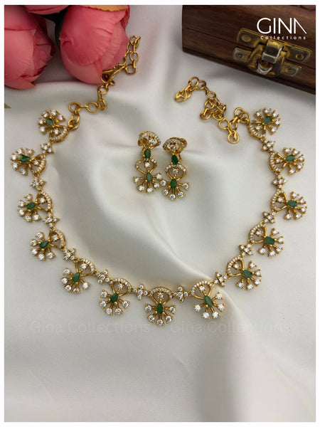 Intricate Emerald and CZ Stones Garlan Necklace wih Earrings