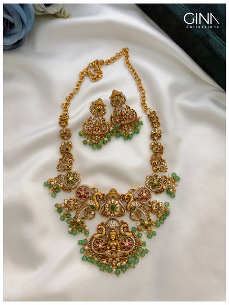 Lakshmi Mayuri with Emerald Beads Necklace