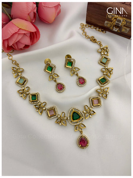 Multi Colour Reverse Kundan AD Necklace Set with Earrings