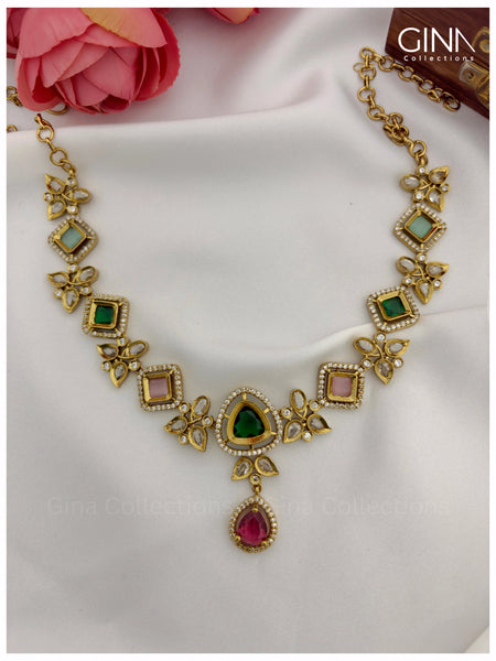 Multi Colour Reverse Kundan AD Necklace Set with Earrings Alternative View