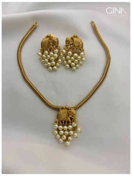 Pearls Elephant Necklace with Earring