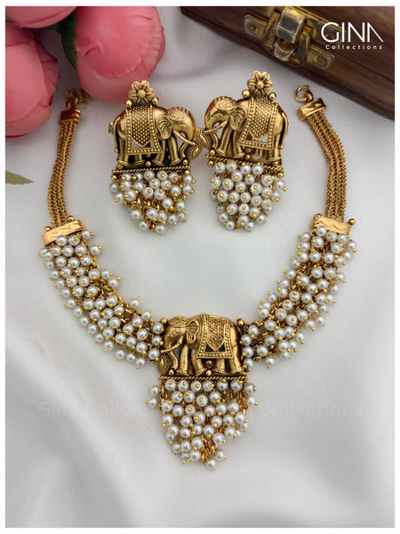 Pearls Elephant Necklace with Earring