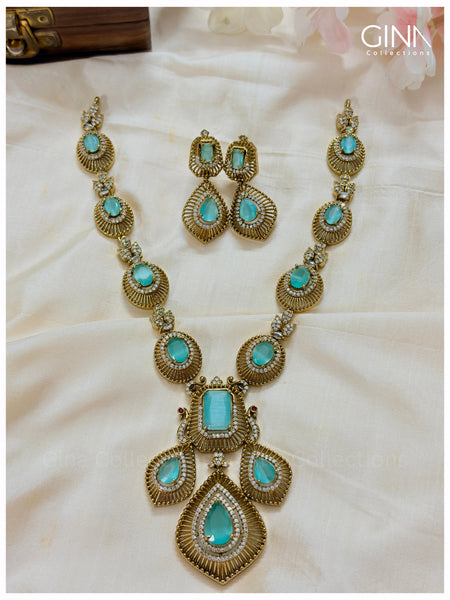 Premium AD Stone Filled Necklace-Sea Green