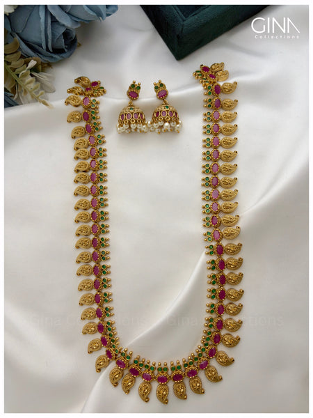 Emerald and Ruby Premium Mango Haram with Jhumkas