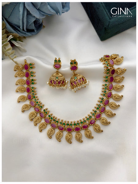 Premium Emerald and Ruby Mango Necklace with Jhumkas
