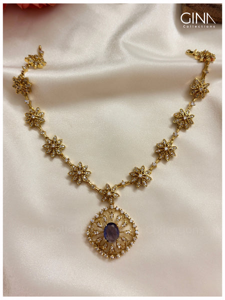 Premium Floral Purple AD Necklace with Earrings