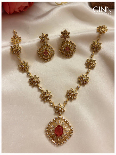 Premium Floral Ruby AD Necklace with Earrings