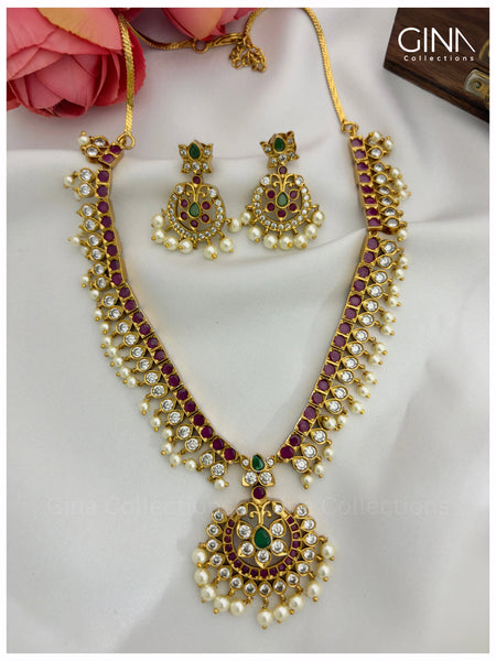 Premium Temple Ruby Emerald AD Necklace Set with Earrings