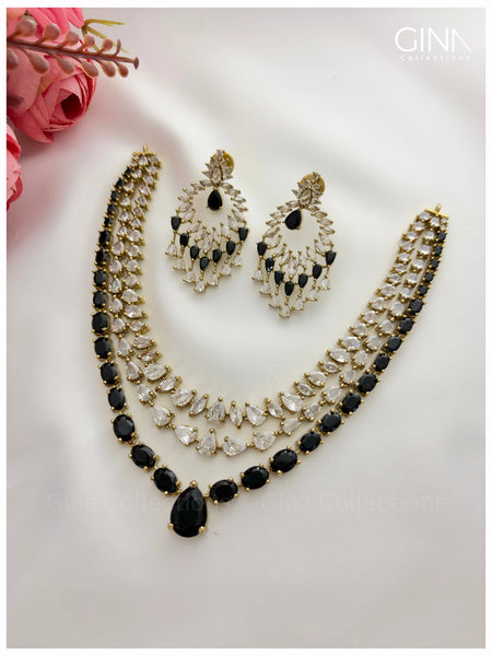Premium Triple Layered Black AD Stones Necklace with Earrings