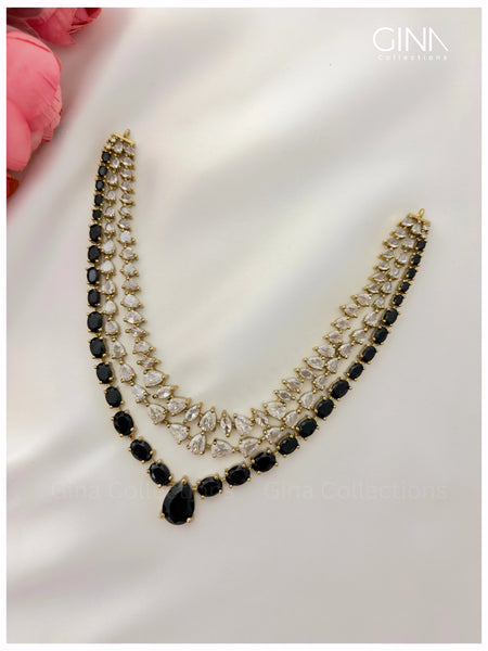 Premium Triple Layered Black AD Stones Necklace with Earrings Alternative View