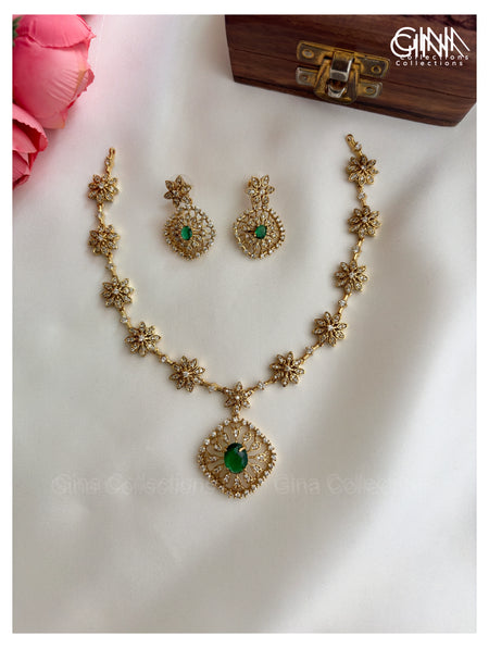 Premium Floral Emerald AD Necklace with Earring