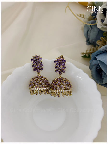 Purple Flora Stones Jhumkas Alternative View