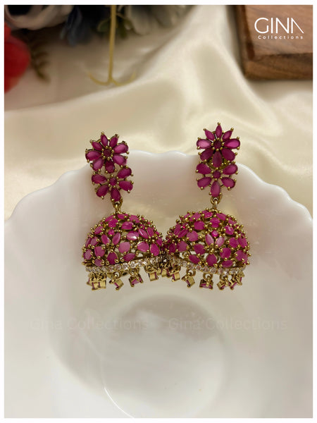 Ruby-Pink Flora Stones Jhumkas