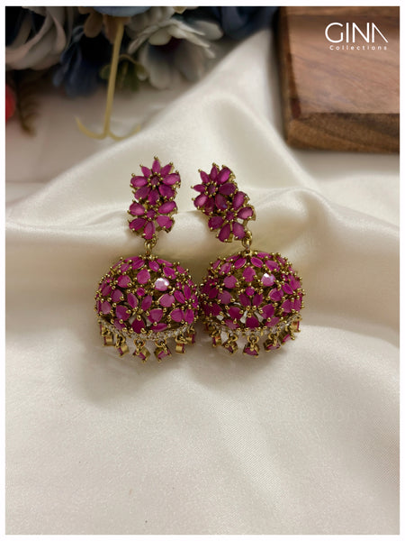 Ruby-Pink Flora Stones Jhumkas Alternative View