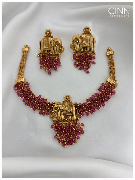 Ruby Beads Elephant Necklace with Earring